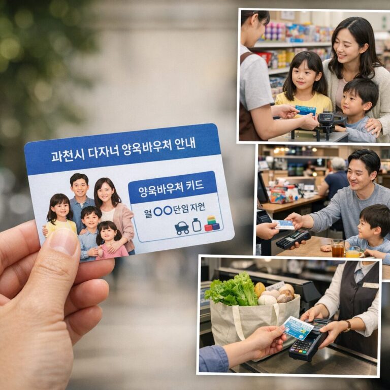 과천시 다자녀 양육바우처 안내 카드와 지역화폐 사용 예시