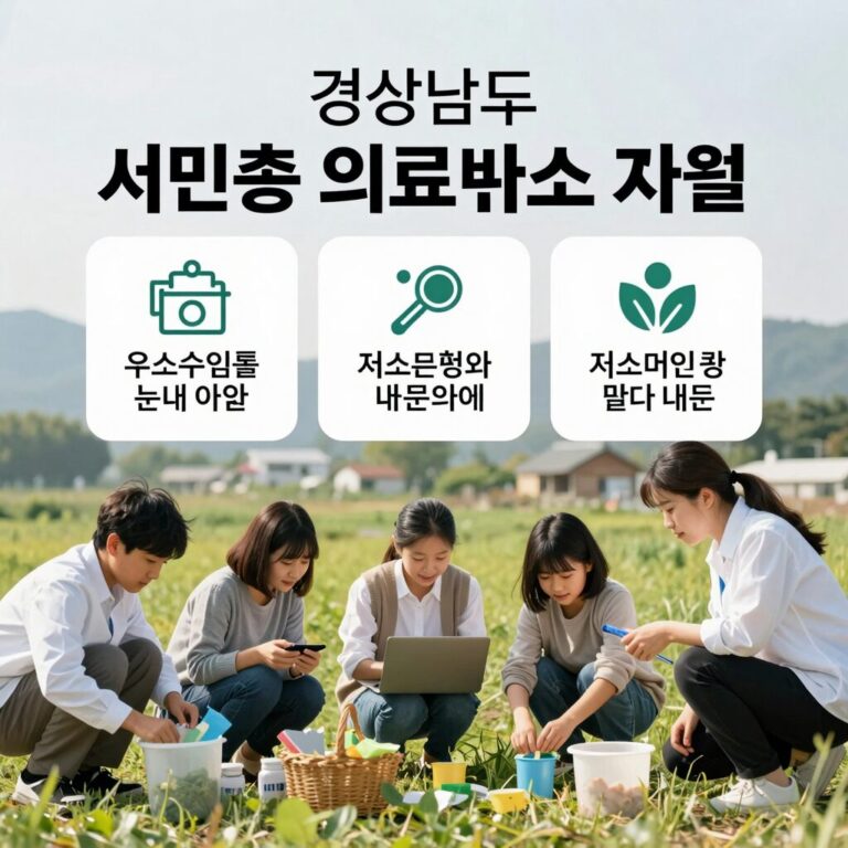 경상남도 서민층 의료서비스 지원 포스터로, 저소득층과 여성농업인 등 대상별 지원내용 아이콘이 표시되어 있음
