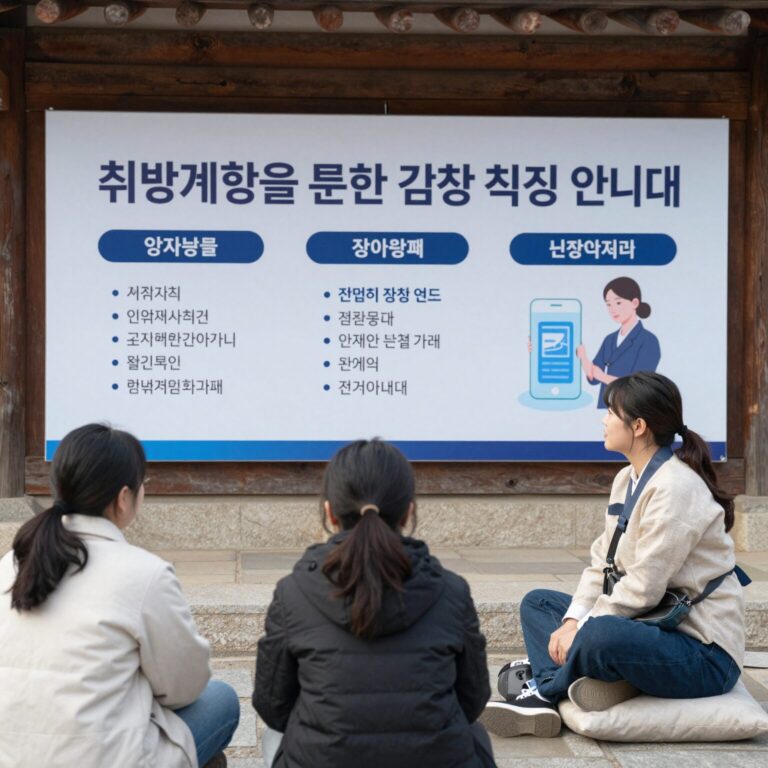 취약계층을 위한 건강 검진 안내판과 청년 여성이 정보를 찾고 있는 모습