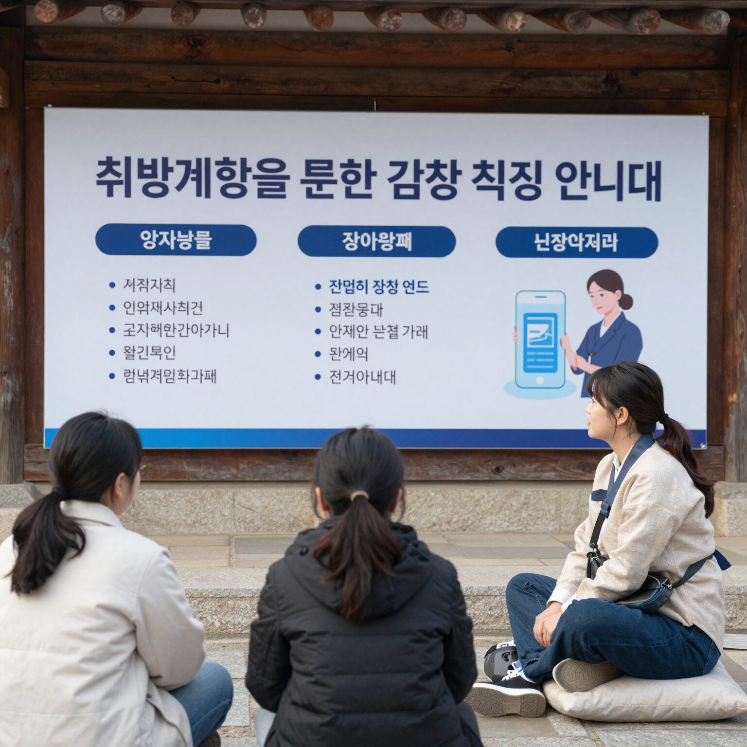 취약계층을 위한 건강 검진 안내판과 청년 여성이 정보를 찾고 있는 모습