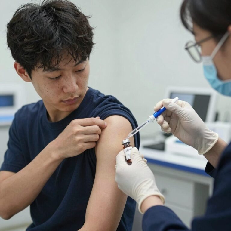 대상포진 예방접종 주사 맞는 모습과 백신 앰플