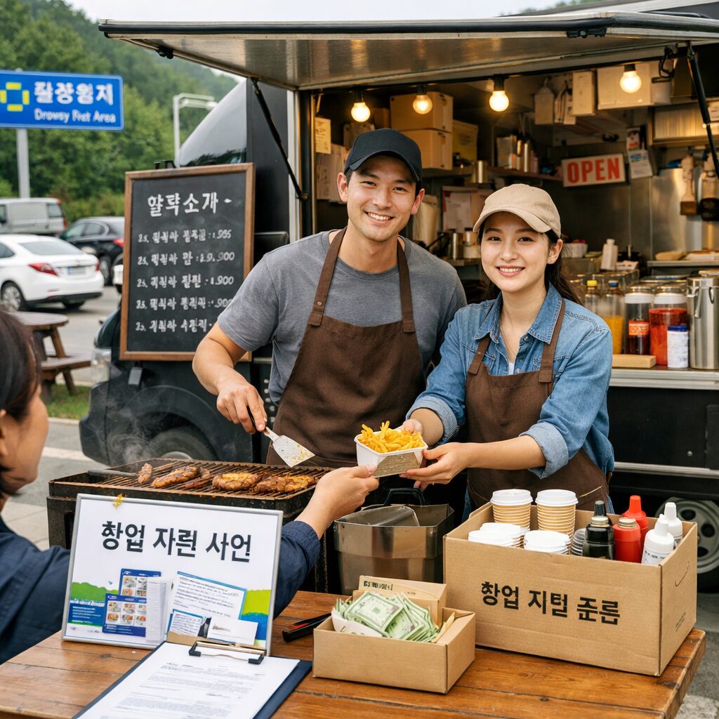 고속도로 졸음쉼터에서 푸드트럭을 운영하는 모습, 창업 지원을 받아 시작하는 모습을 상징