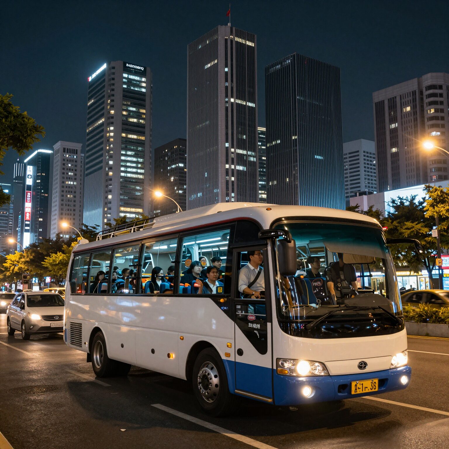 호치민 나이트 시티투어버스가 반짝이는 도시 야경 속을 달리는 모습