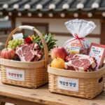대전 명절 위문 지원품으로 제공되는 쇠고기와 과일 바구니와 상품권 이미지