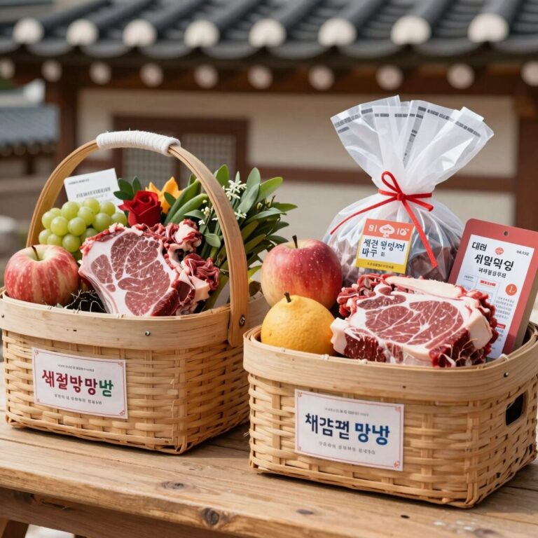 대전 명절 위문 지원품으로 제공되는 쇠고기와 과일 바구니와 상품권 이미지