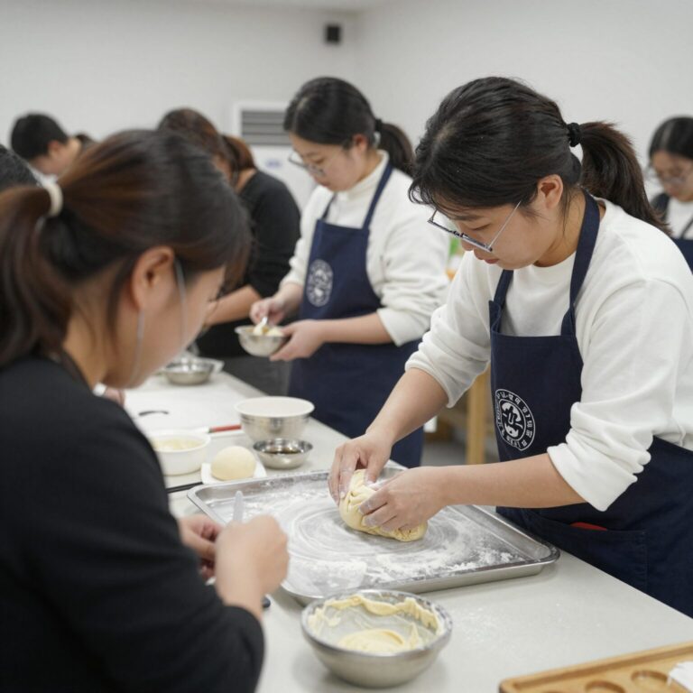 화성평생교육원 홈베이킹 수업 현장, 시민들이 휘낭시에 반죽을 틀에 담고 있습니다