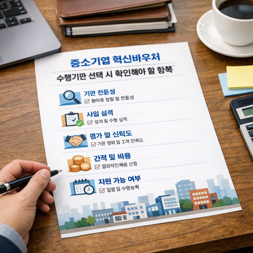 중소기업 혁신바우처 수행기관 선택 시 확인해야 할 항목들을 보여주는 인포그래픽