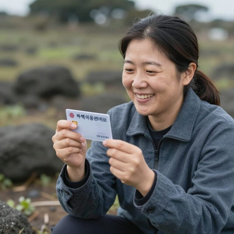 제주 여성농업인이 행복이용권 카드를 들고 웃고 있는 모습