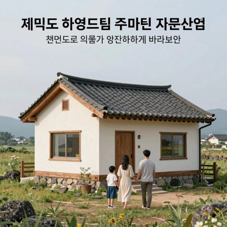 제주도 하영드림 주택마련 지원사업 개념도로 신혼부부와 아이가 행복하게 집을 바라보는 이미지