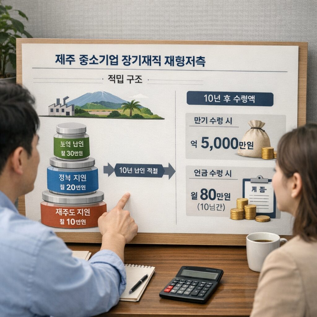 제주 중소기업 장기재직 재형저축 적립 구조와 수령 금액을 설명하는 인포그래픽