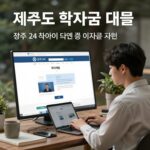 제주도 학자금 대출 이자 지원을 설명하는 그래픽 이미지, 젊은이가 노트북으로 정부24 사이트를 보고 있음