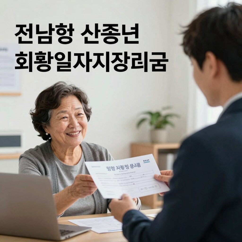 전남형 신중년 희망 일자리장려금 지원 안내 이미지, 중장년층이 취업하고 지원금을 받는 모습
