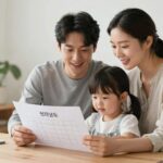 전라남도 출생 기본소득 지원금을 상징하는 이미지, 부모와 아이가 미소 지으며 함께 계획표를 보는 모습