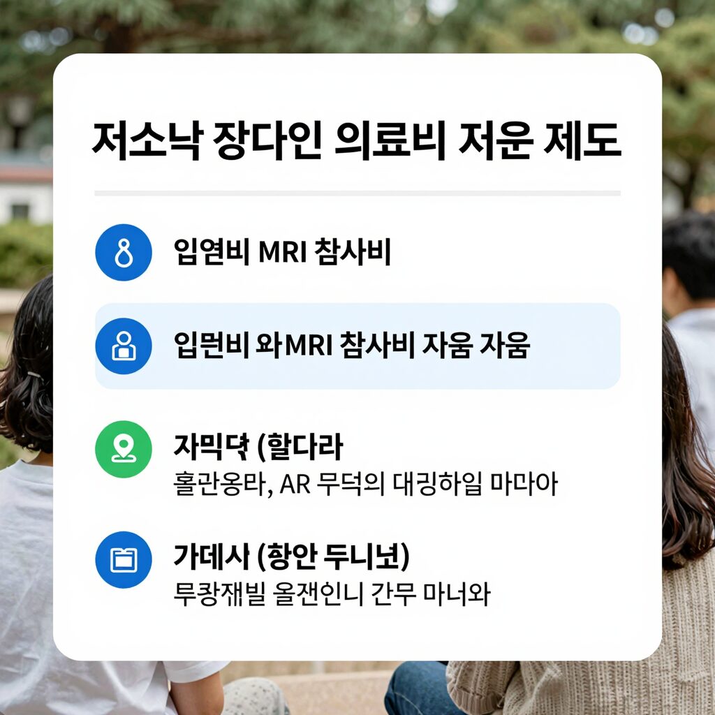 저소득 장애인 의료비 지원 제도 안내 이미지, 입원비와 MRI 검사비 지원 내용을 요약한 그래픽