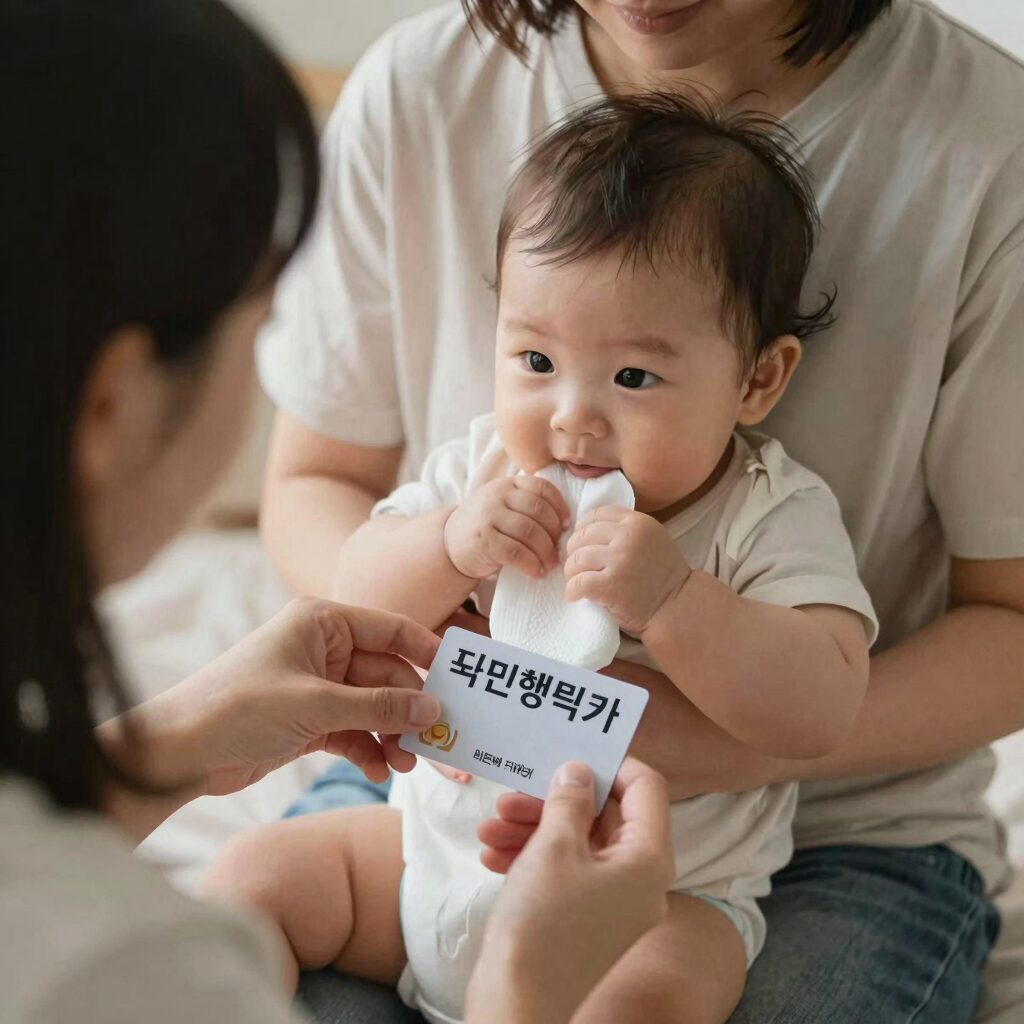 엄마가 아기에게 기저귀를 갈아주며 국민행복카드를 보여주는 모습. 저소득층 육아 지원을 상징하는 이미지