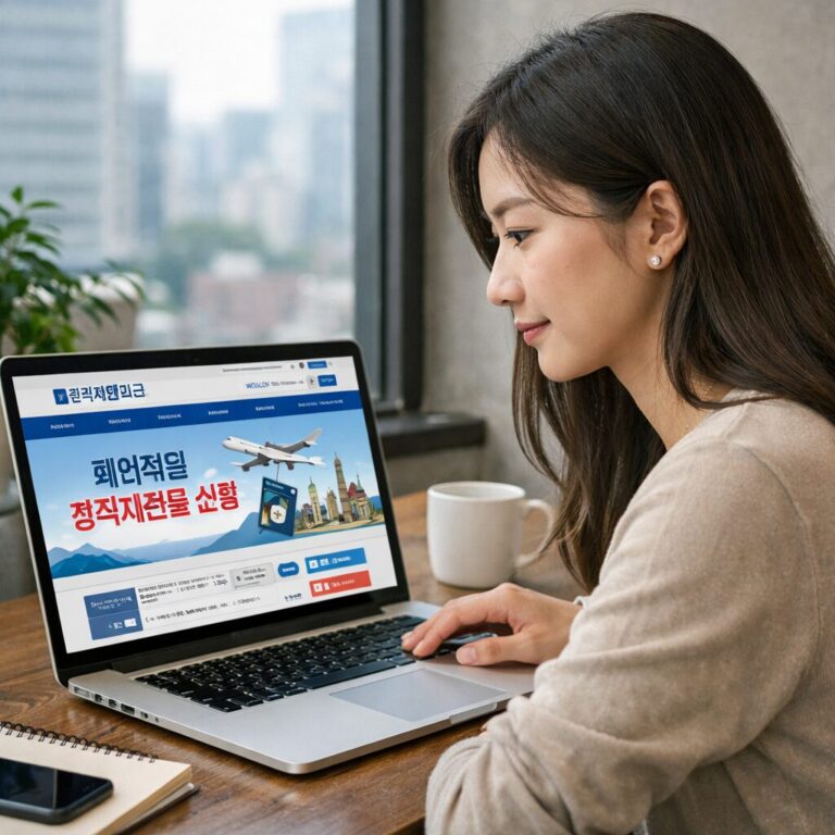 해외취업정착지원금 신청을 위해 월드잡플러스 홈페이지를 보고 있는 젊은 여성