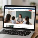 학부모온누리 웹사이트 화면과 노트북 앞에서 교육을 받는 학부모