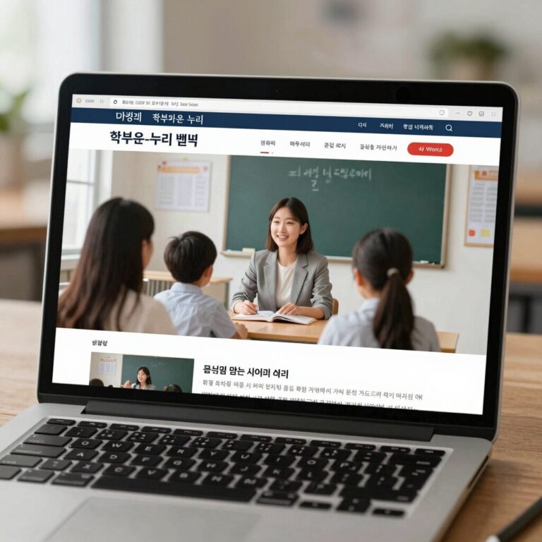 학부모온누리 웹사이트 화면과 노트북 앞에서 교육을 받는 학부모