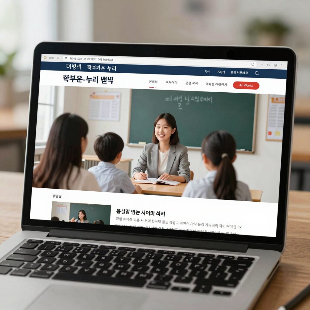 학부모온누리 웹사이트 화면과 노트북 앞에서 교육을 받는 학부모