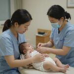 집에서 산모와 신생아를 돌보는 산후도우미의 모습