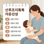 산후조리비용 지원사업 안내를 나타내는 일러스트, 창원 밀양 성동구 로고와 아이콘