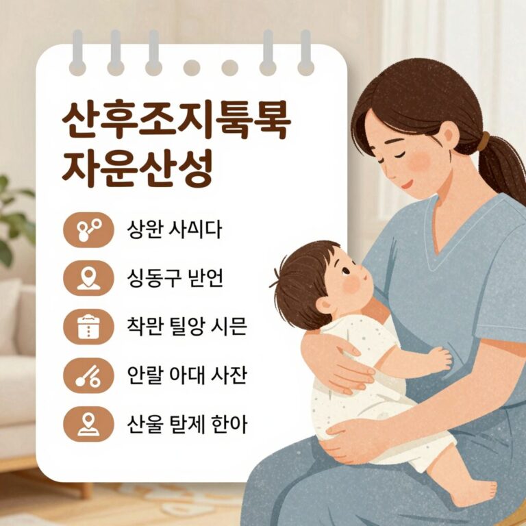 산후조리비용 지원사업 안내를 나타내는 일러스트, 창원 밀양 성동구 로고와 아이콘