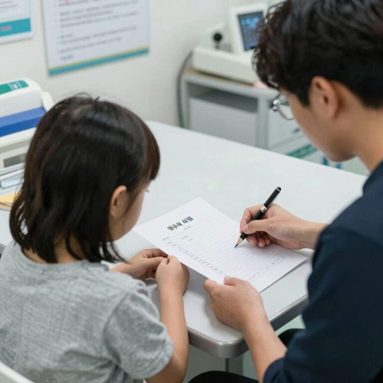 경상북도 35세 이상 산모 의료비 지원 서류와 영수증 정리하는 모습