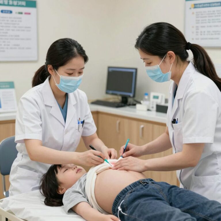 보건소에서 산전관리를 받는 임산부와 의료진