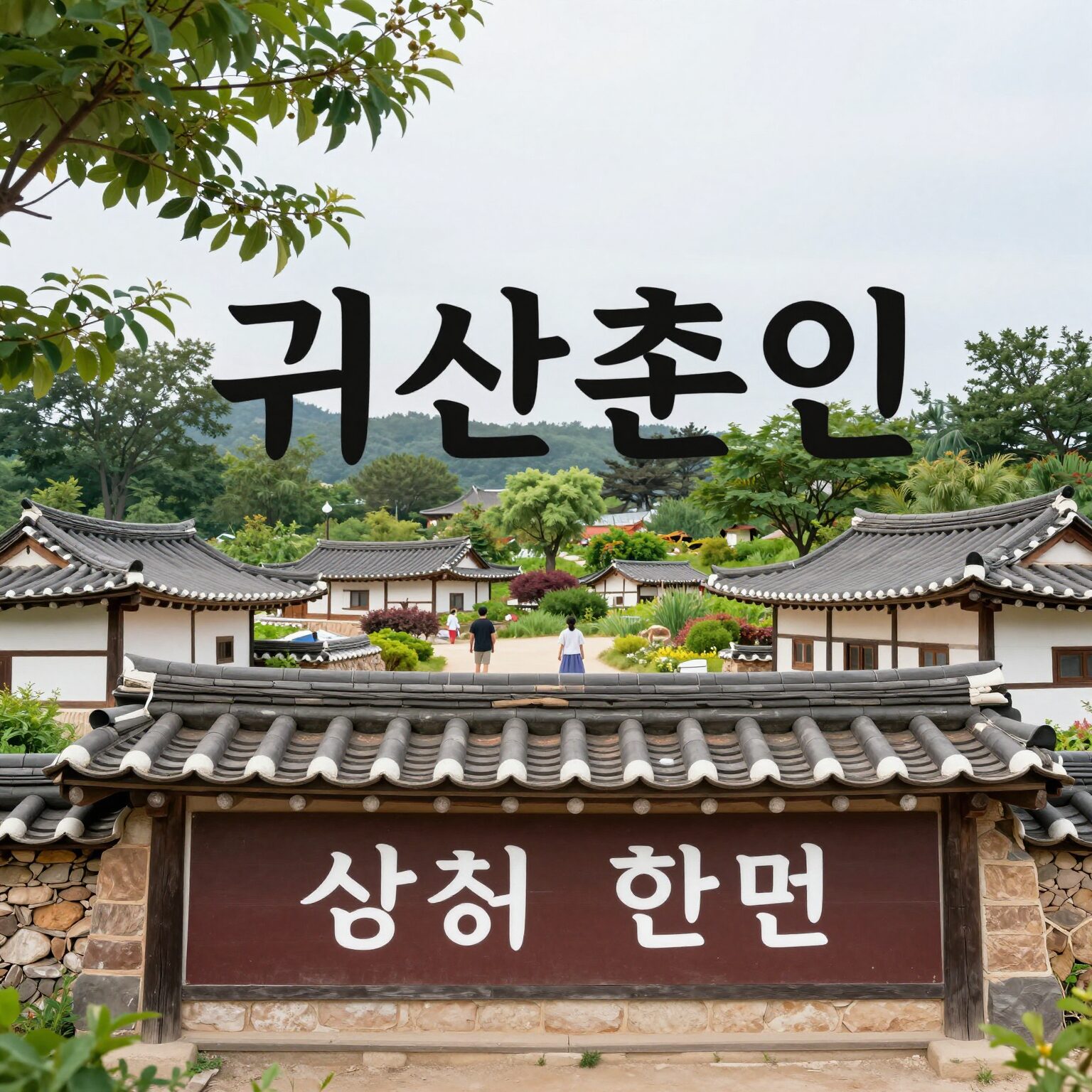 산촌 마을 풍경과 함께 귀산촌인을 환영하는 표지판이 있는 이미지