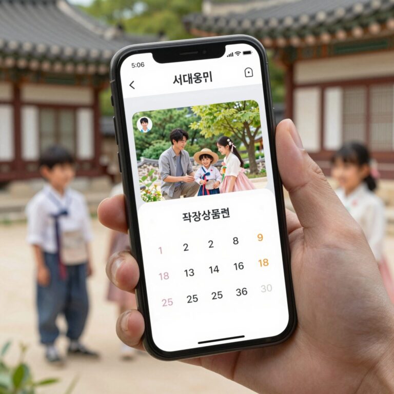 서대문사랑상품권으로 표시된 모바일 화면과 학용품, 가족이 함께하는 모습