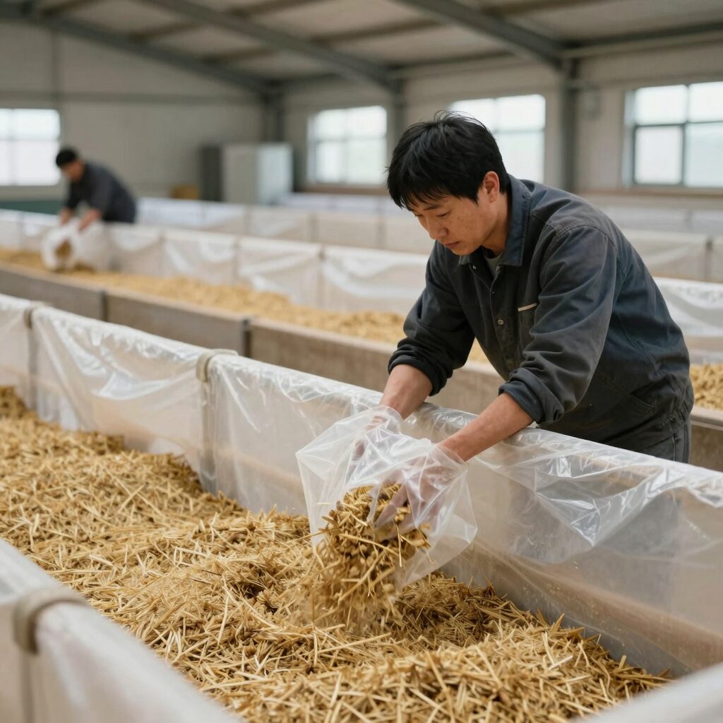 축산농가가 사일리지 제조 현장에서 사료작물을 수확하고 비닐로 밀봉하는 모습