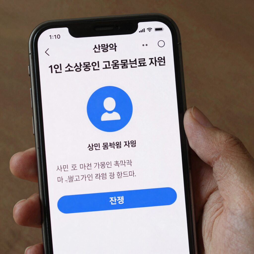 1인 소상공인 고용보험료 지원 신청 화면과 관련 이미지