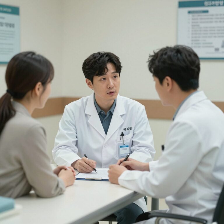 의사와 금연 상담을 하고 있는 모습, 병원 진료실 배경