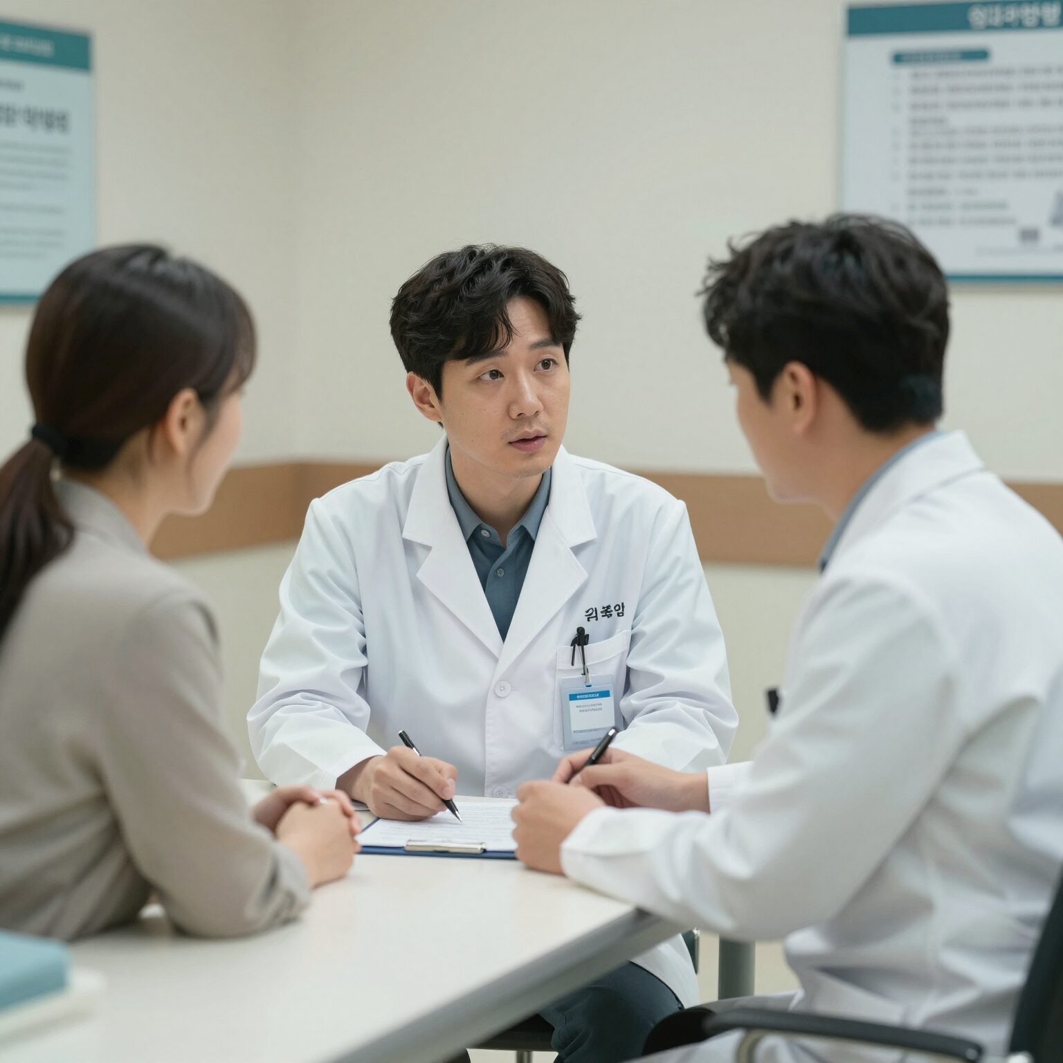 의사와 금연 상담을 하고 있는 모습, 병원 진료실 배경