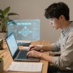 청년 창업자가 노트북으로 사업계획서를 작성하며 창업기반지원자금 정보를 확인하는 모습