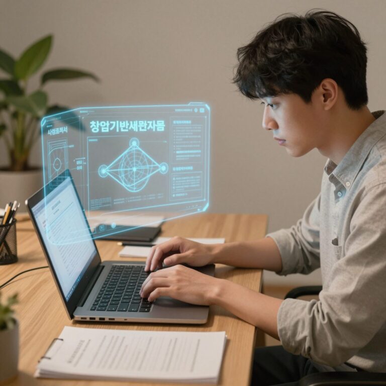 청년 창업자가 노트북으로 사업계획서를 작성하며 창업기반지원자금 정보를 확인하는 모습