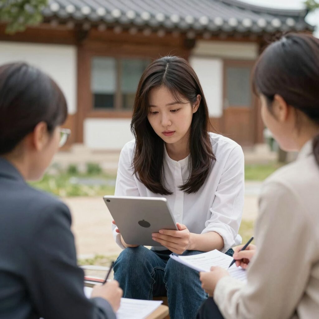 사회조사 통계조사원이 태블릿을 들고 가구를 방문하여 인터뷰를 진행하는 모습