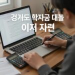 경기도 학자금 대출 이자 지원을 설명하는 그래픽 이미지, 노트북과 계산기, 문서들이 놓인 책상