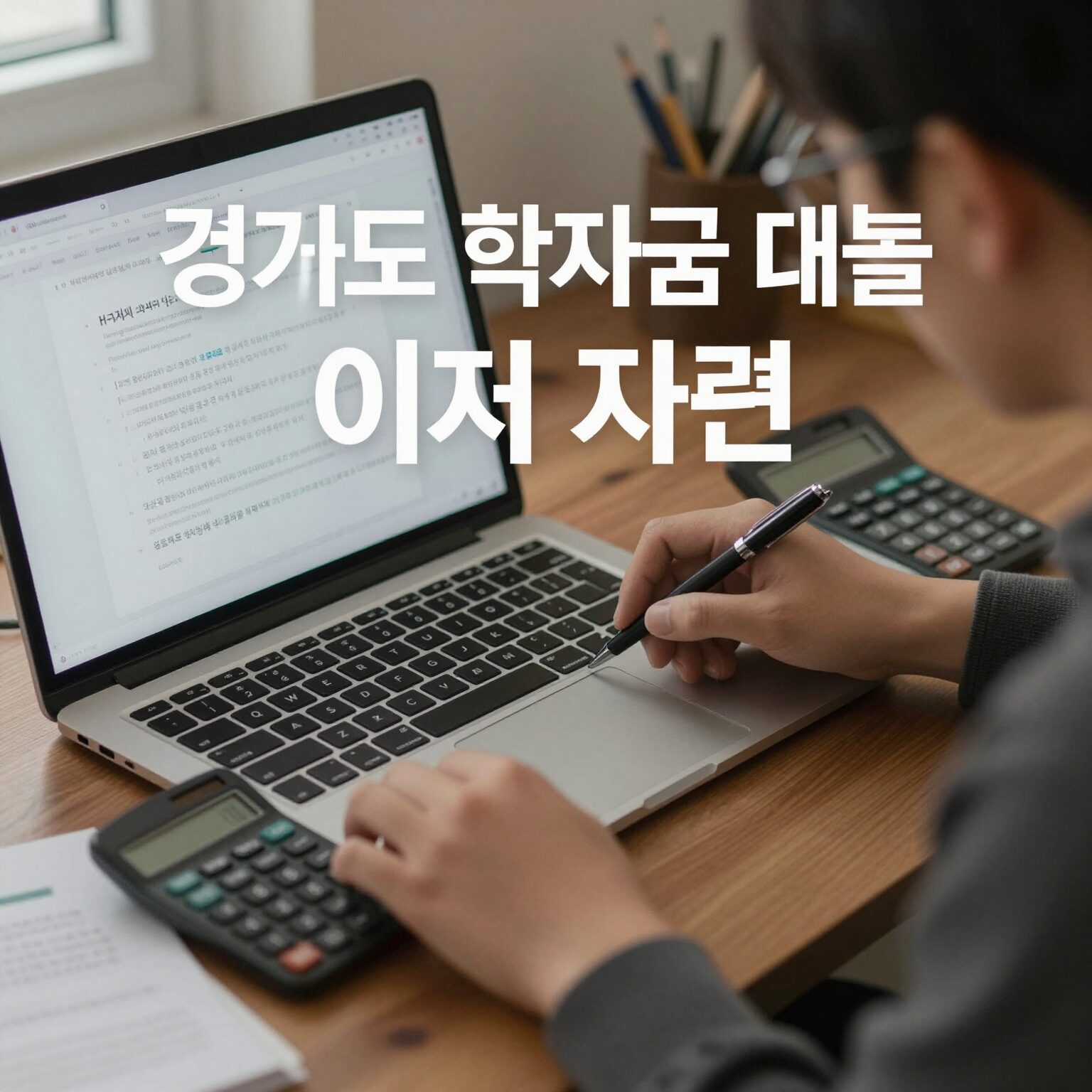 경기도 학자금 대출 이자 지원을 설명하는 그래픽 이미지, 노트북과 계산기, 문서들이 놓인 책상