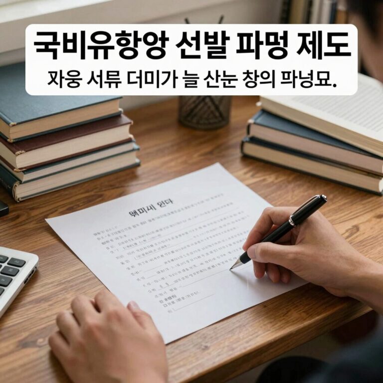 국비유학생 선발 파견 제도 설명과 지원 서류 더미가 놓인 책상