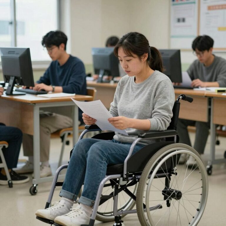 장애인 근로자 옆에서 문서를 읽어주고 이동을 도와주는 근로지원인의 모습