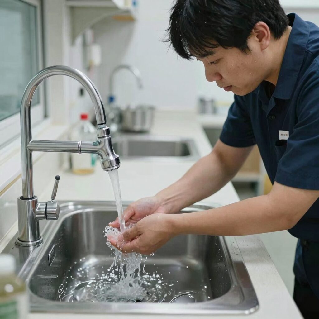 주방 싱크대에서 수질 검사하는 모습, 전문가가 수도꼭지에서 물을 채수하고 있다