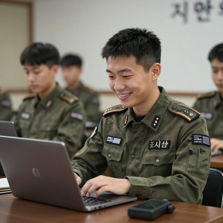 제대군인이 노트북으로 취업 정보를 검색하며 미소 짓는 모습