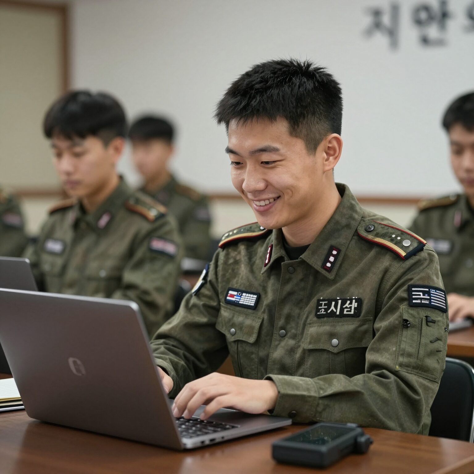 제대군인이 노트북으로 취업 정보를 검색하며 미소 짓는 모습