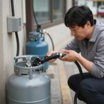 국가유공자복지카드를 손에 들고 LPG 충전기를 가리키는 모습