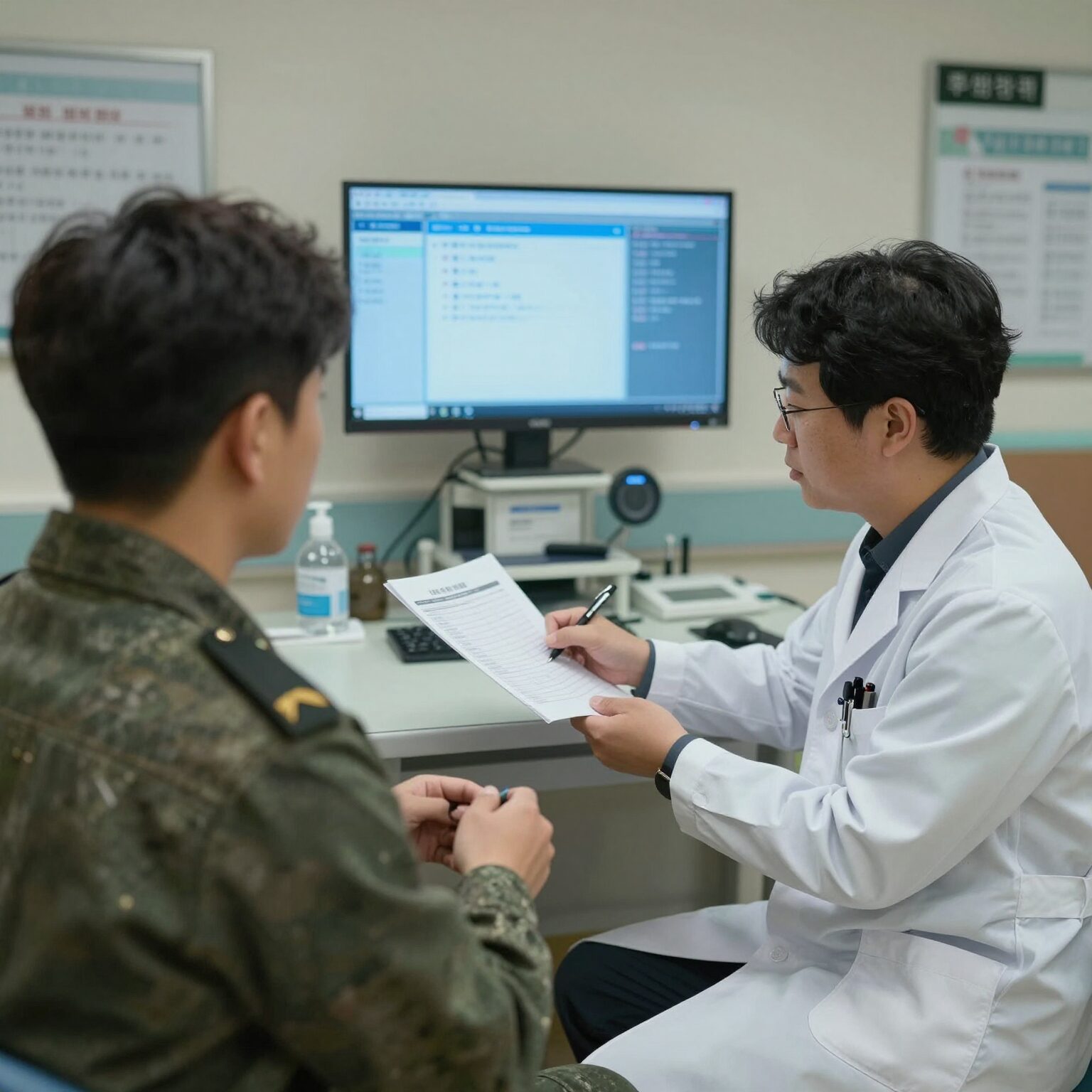 제대군인이 병원에서 의사와 상담하며 의료 지원을 받는 모습