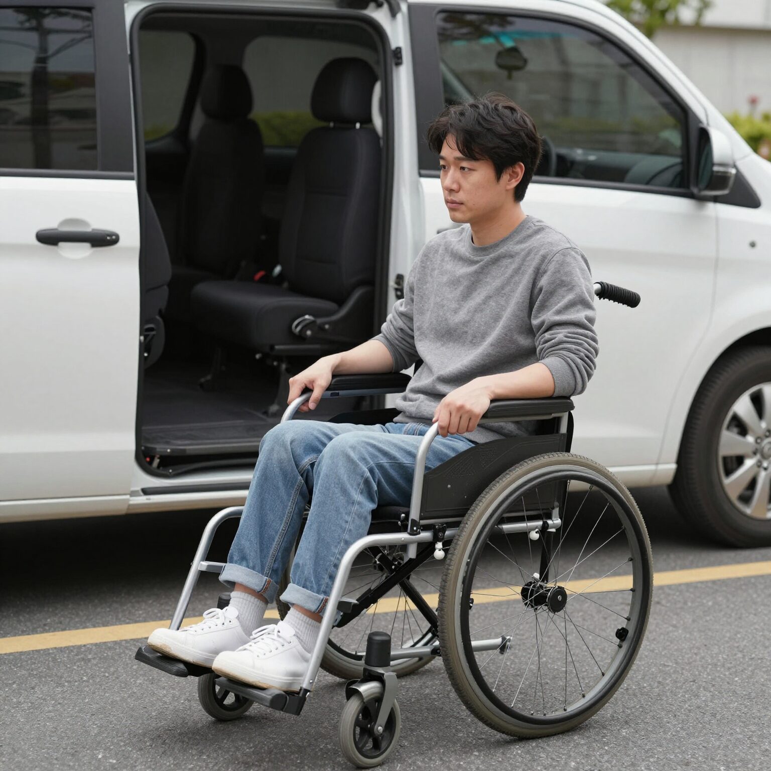 휠체어 탑승이 가능한 전용 차량이 길가에 서 있고 드라이버가 휠체어를 안전하게 고정시키고 있다