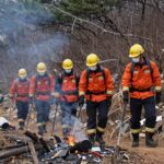 산불 예방진화대원들이 산에서 순찰하며 협력하는 모습