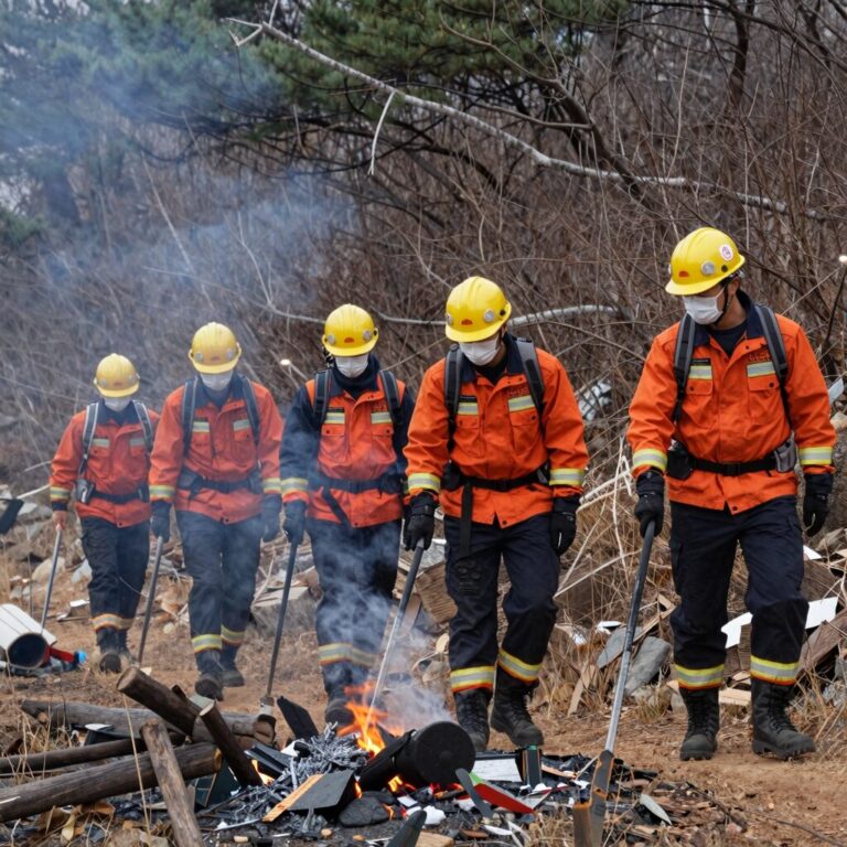 산불 예방진화대원들이 산에서 순찰하며 협력하는 모습