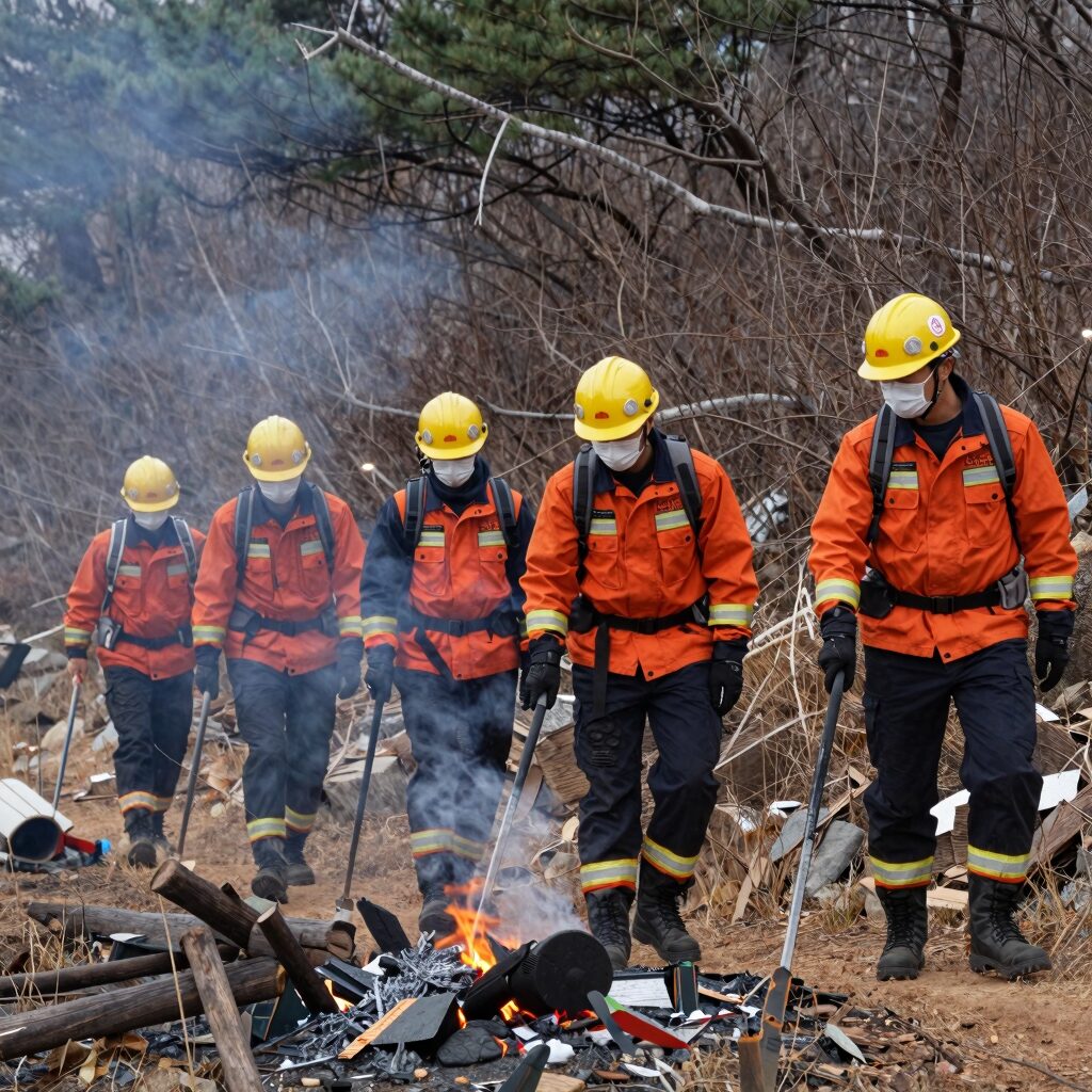 산불 예방진화대원들이 산에서 순찰하며 협력하는 모습